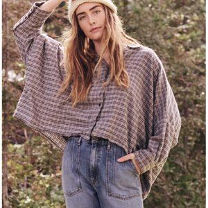 THE GREAT. Grey Flannel 3/4 sleeve button up  top